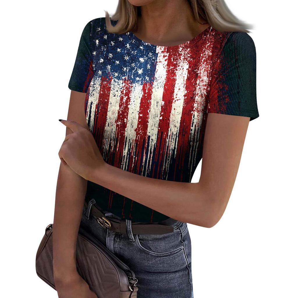 Women's Casual Fashion Round Neck Independence Day Print Short-Sleeve Ribbed Top