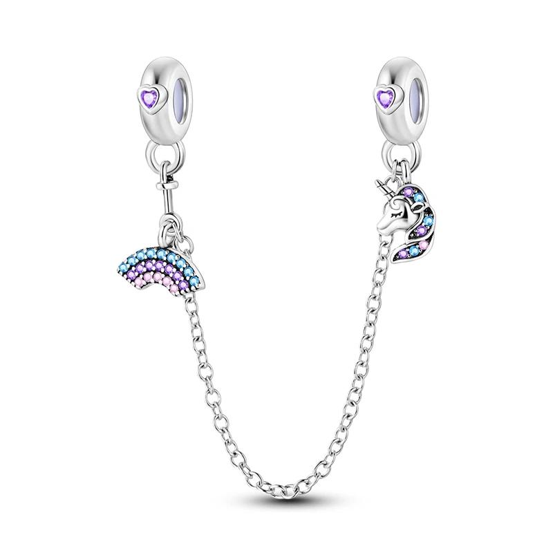 Colgantes de plata de ley S925 con forma de gato, perro, mariposa, flor y cadena de seguridad de color morado, aptos para pulseras originales DIY