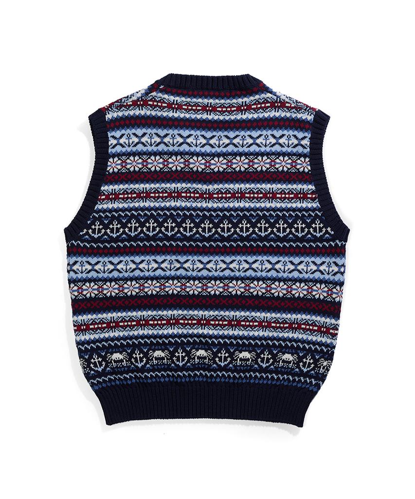 Geonjiulleunseu Grand Roque Fair Isle Cotton V-Neck Vest - Navy