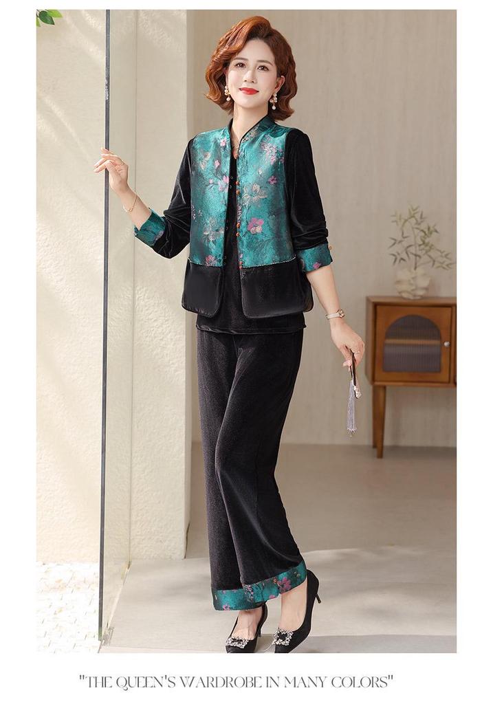 Mom's Spring/Autumn Gold Velvet Chinese Style Vest Jacket Three-Piece Suit for Middle-Aged and Elderly Women