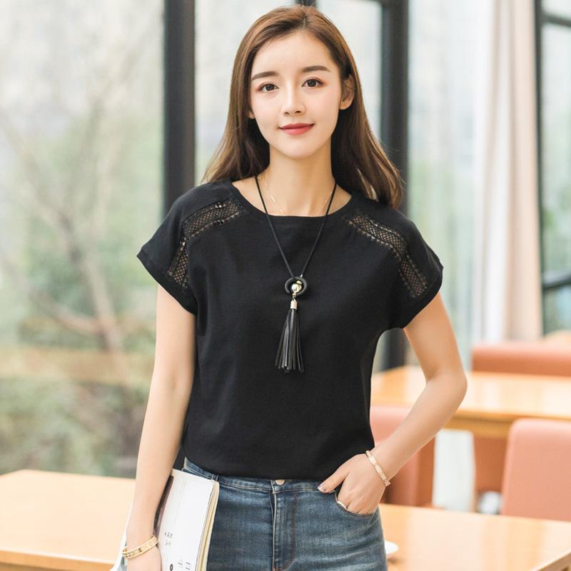 QICED Summer Fashion Hollow Lace Round Neck Bat Sleeve Short Sleeve T-shirt Women