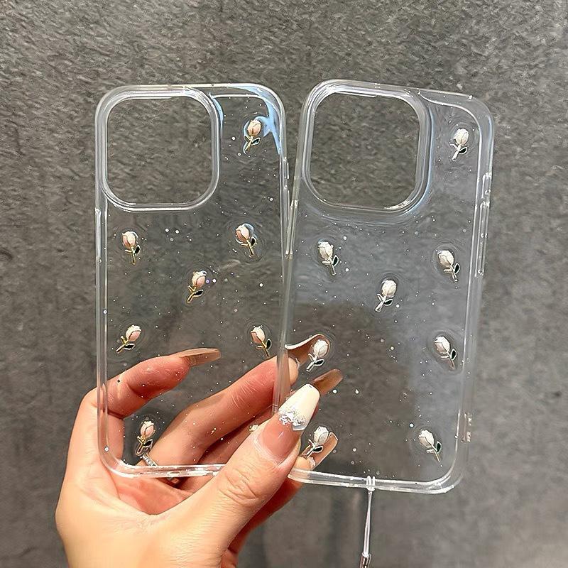 Flash Pink Ins Wind Phone Case for IPhone 16 Promax Tulip Flowers for Apple 17 Transparent Small Fresh