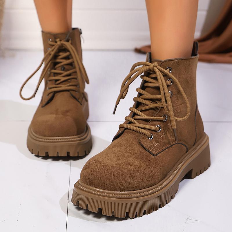 Dark Borwn Platform Ankle Boots for Women Side Zipper Thick Bottom Motorcycle Shoes Woman Punk Style Lace Up Fashion Boots Mujer