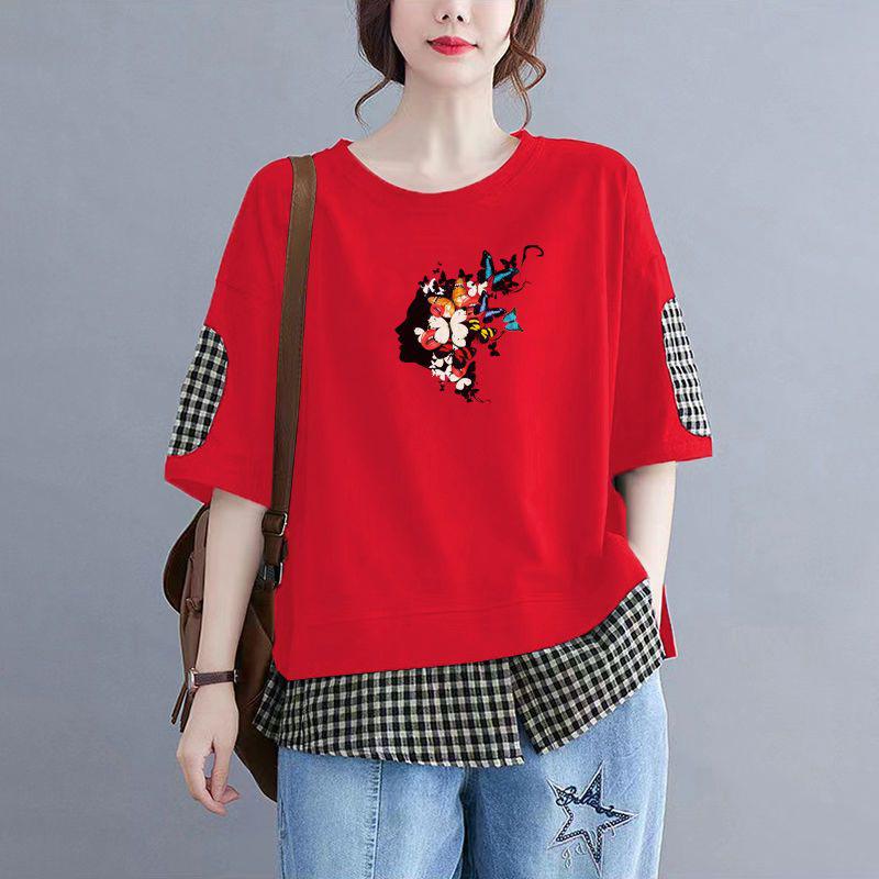 Tops Women Cotton Summer Large Size Fake Two Pieces T-shirt Polo Neck Loose Printed Casual Pullover T-shirt Top