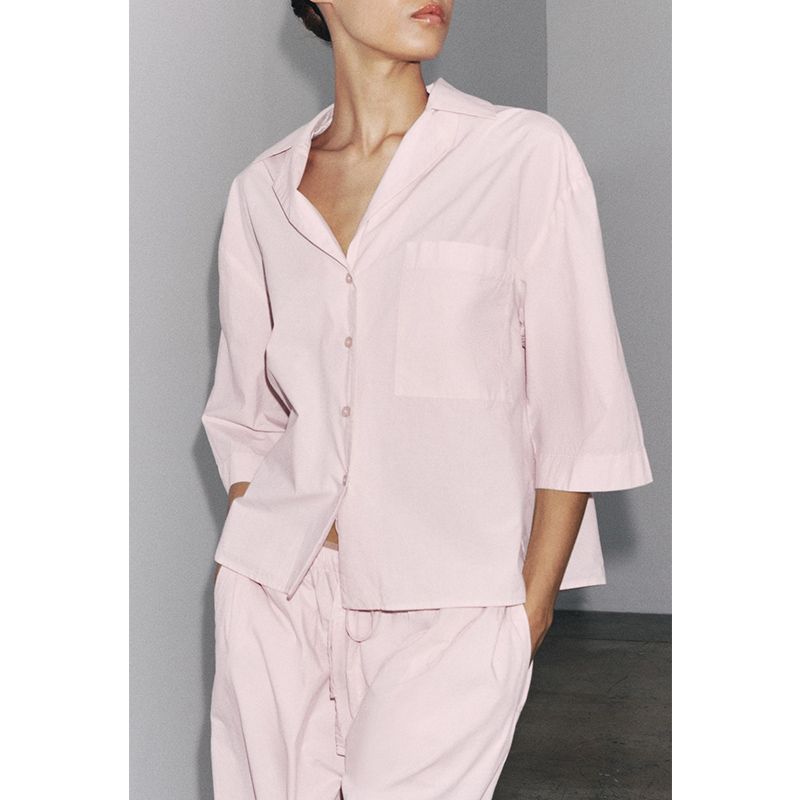 Cotton Blend Short Sleeve Lapel Short Shirts 2183062 Mid Waist Simple Wide Leg Casual Trousers 2183063