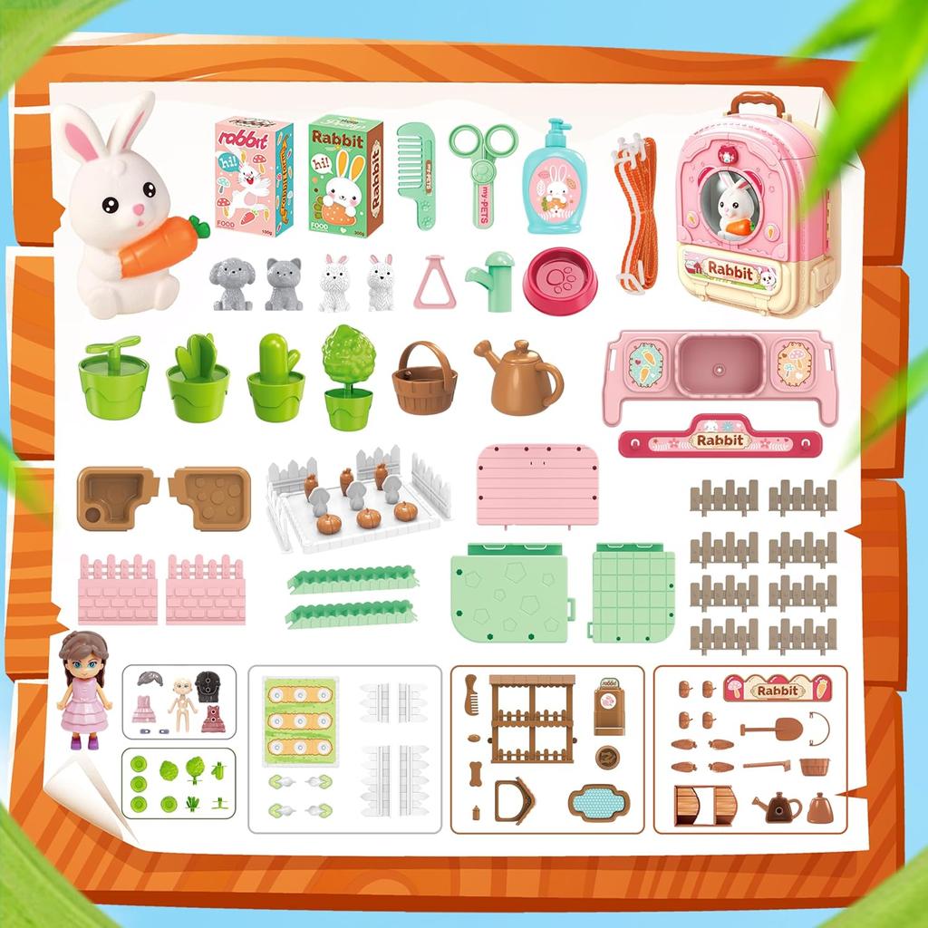 Pet Carrier Backpack 3-in-1 Pet Care Playset, Pretend Play Rabbit Toy Set with Hair Dryer & Accessories for Girls Ages 3+ Easter