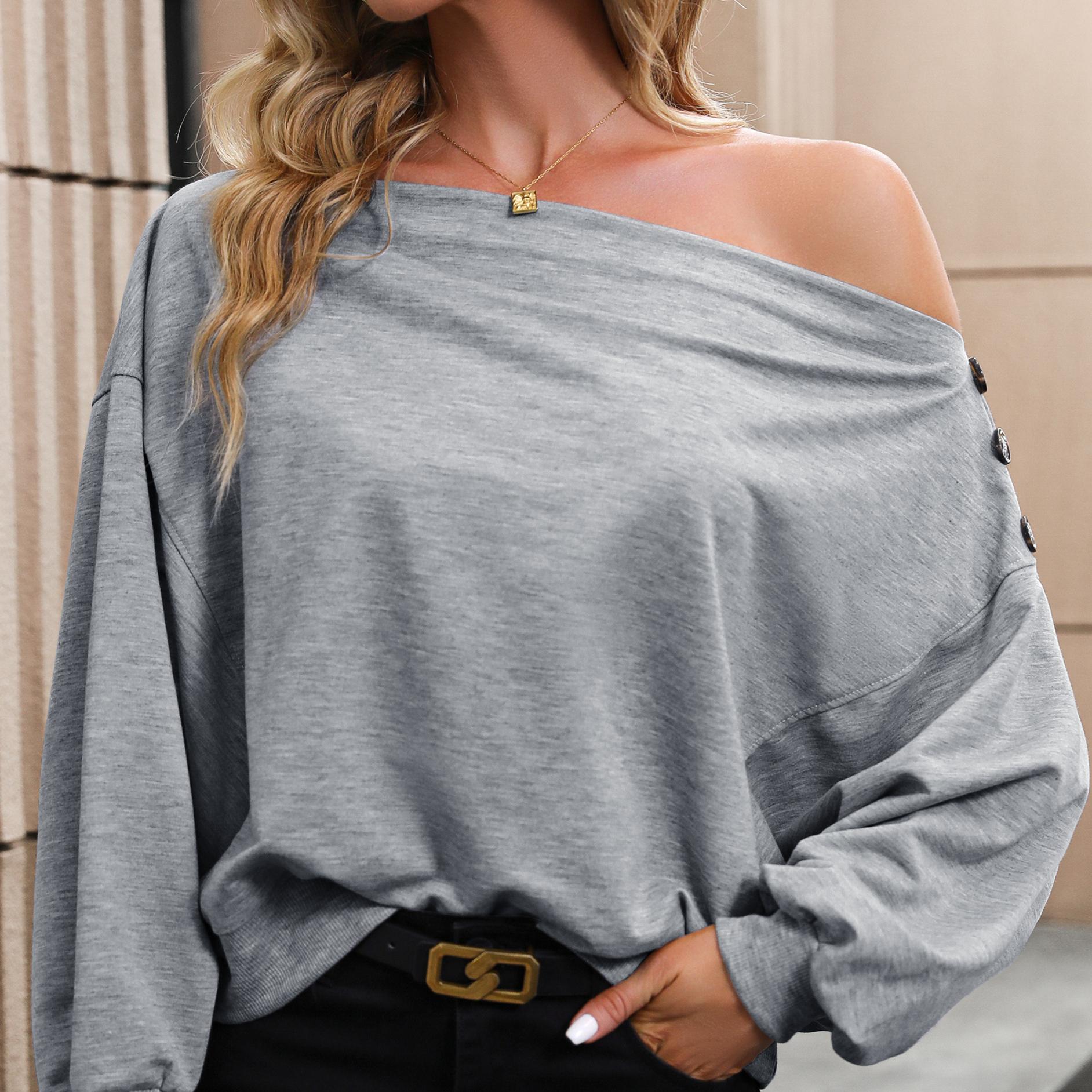 

YYFS женские модные повседневные однотонные блузки и рубашки с длинными рукавами с принтом XL светло-серый