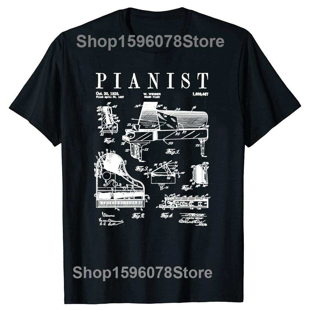 Grand Piano Old Vintage Patent Pianist Drawing T Shirts Summer Cotton Streetwear Short Sleeve Musical Instrument Gifts T-shirt