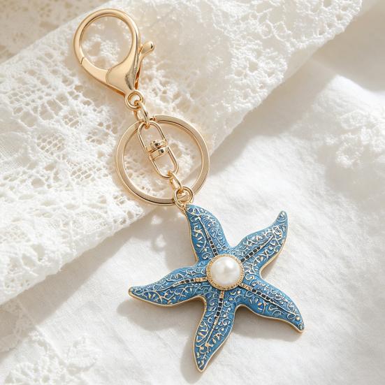 Keychain Pendant Starfish Design Zinc Alloy Key Chain with Imitation Pearl Inlaid Anti-Oxidation Lobster Clasp Key Pendant
