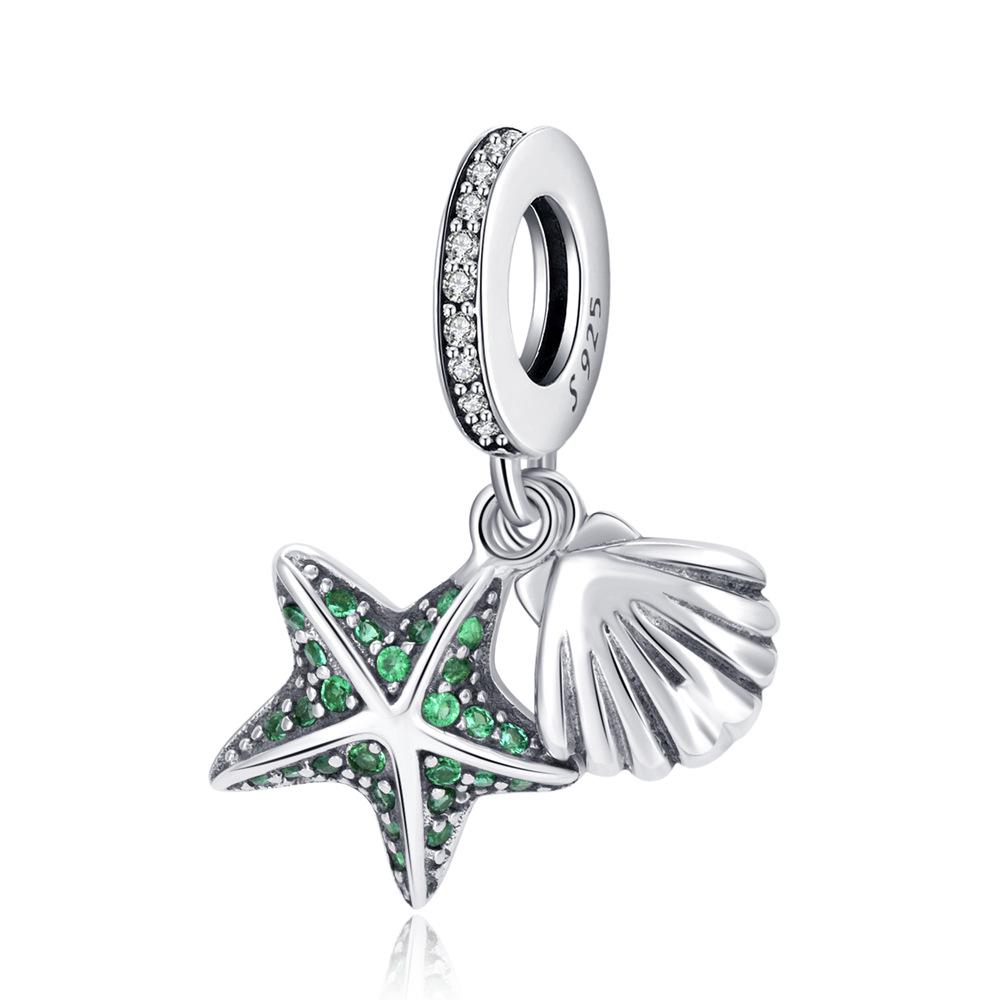 S925 Sterling Silver Starfish, Dolphin, and Turtle Charm Bracelet with Beaded Accessories