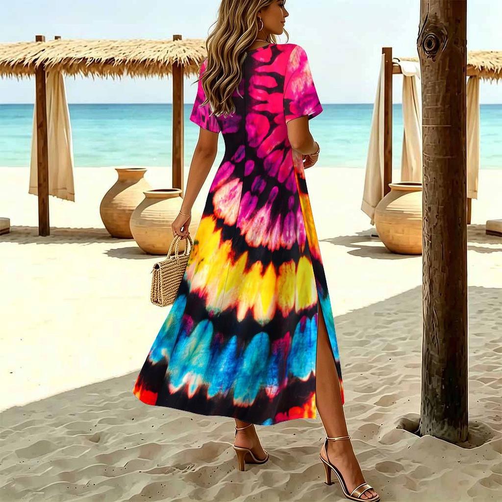 Damen Mode Rundhals Batikmuster Bedruckt Kurzarm Seitenschlitz Kleid Lässiges Urlaubs-Kleid Langes Lockeres Kleid