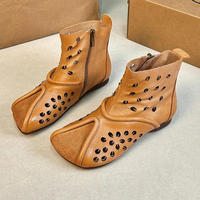 Retro Hollow Out Flat Heel Ankle Boots Women Leather Hollow Ankle Boots Side Zip High Top Shoes Luxury Casual Flat Short Boots