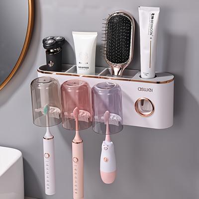 1pc Toothbrush Holder With Cup, Wall Mounted Toothbrush Storage Rack, Punch-free Bathroom Storage Organizer, Bathroom  Toothpaste Toothbrush Shelf