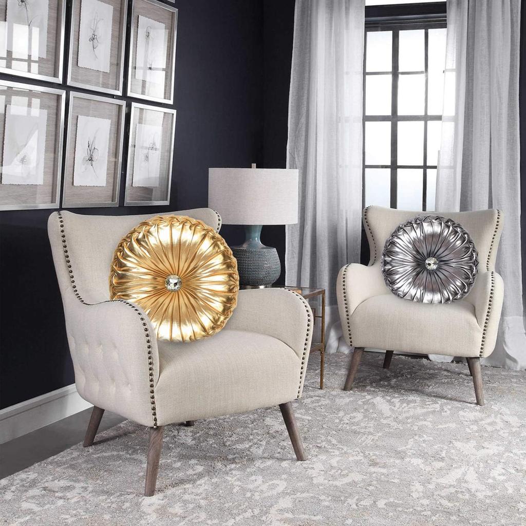 Tresshouse European Round Throw Pillows, Soft Spandex Fabric Pumpkin Pleated Handmade Metallic Accent Circle Insert Cushion Diamond To Enhance for