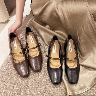 Square Head Shoes Shallow Mouth Single Shoes Women's 2025 Spring New Versatile One-word Buckle Flat-soled Doudou Shoes Soft-soled Ladyshoes