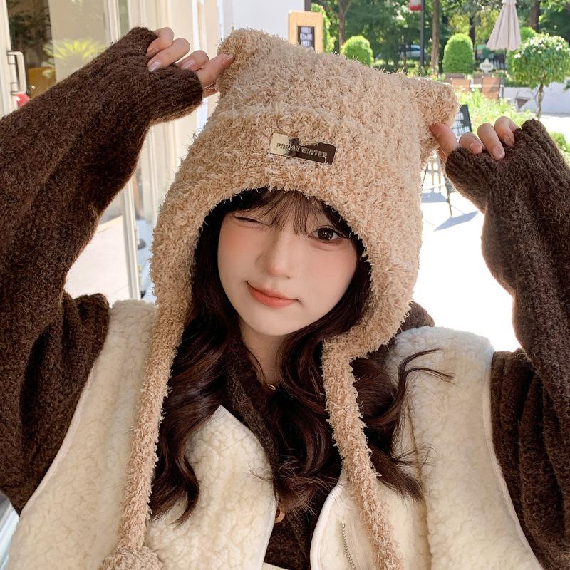 Korean New Autumn and Winter Hat for Women Cute Bear Ear Knitted Wool Hat for Winter Warm Plush Ear Protection Hat Thick