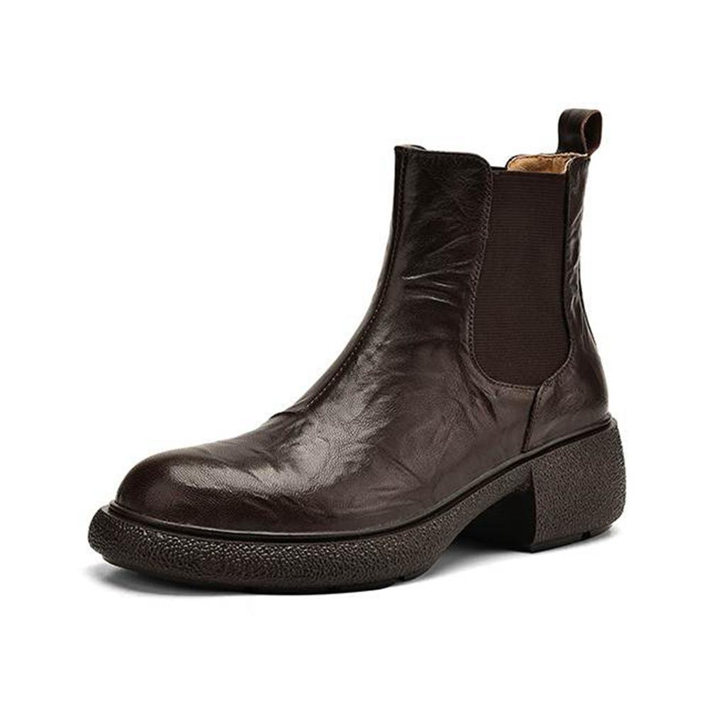 Krazing Pot Sheepskin Pleated Decoration Autumn Winter Shoes Chunky Heels Size 43 Size 42 Round Toe Slip on Retro Fashion Ankle Boots