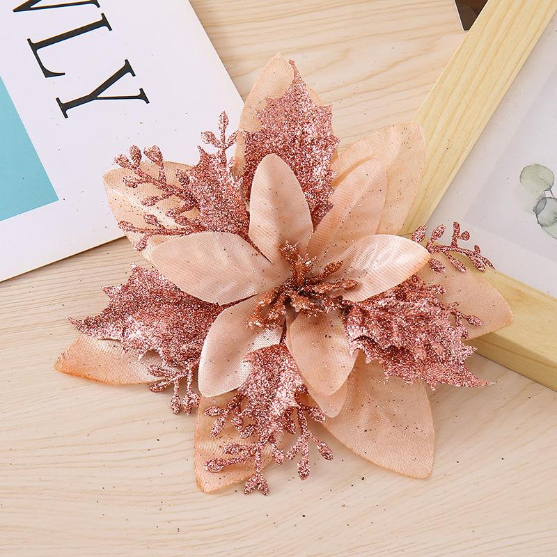 10PCS Poinsettia Christmas Flowers Decoration Artificial Glitter Christmas Tree Ornaments Xmas Party Wreath DIY Garland Decor
