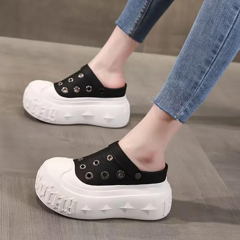 Fashion 9CM Synthetic Microfiber Leather Chunky Sneakers Slippers Platform Wedge Sandals Slipper Flats Summer Women Hollow Sneaker Shoes
