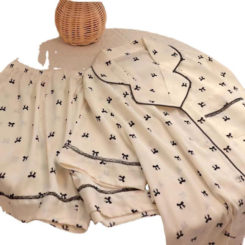 Summer Short-Sleeved Pajamas Women'S Sweet Style Full Print Bow Print Loungewear Two-Piece Set