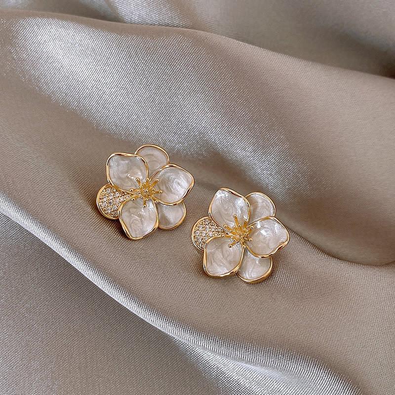Zircon Glaze Flower Stud Earrings for Women Girl French Ins Vintage Fashion Korean Wedding Romantic Jewelry Gifts