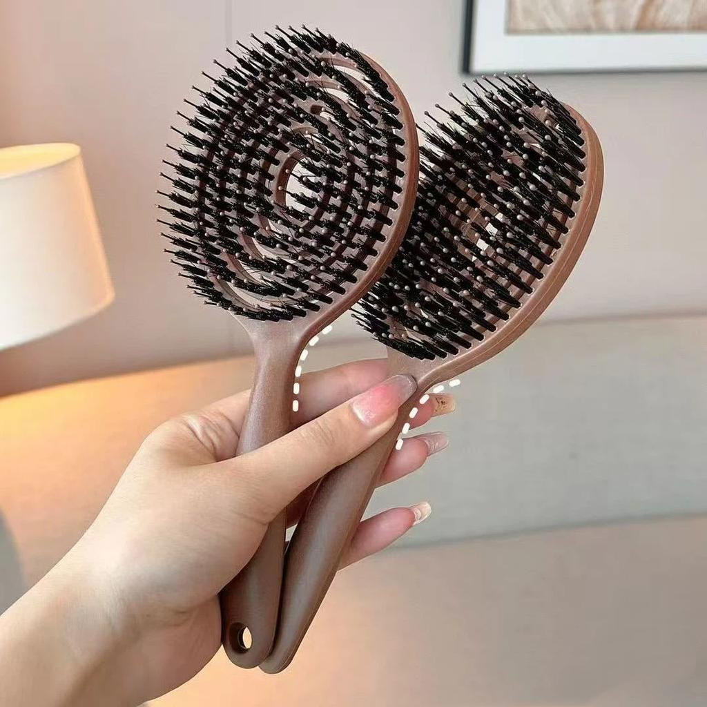Korean Hollow Design Boar Bristle Hair Brush - Detangling, Volumizing & Scalp Massage Brush for Wet/Dry Hair Styling, Women's Long Hair Care
