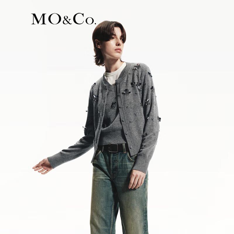 MO&Co. 100% Merino Wool Hand-Beaded Short Knitted Cardigan