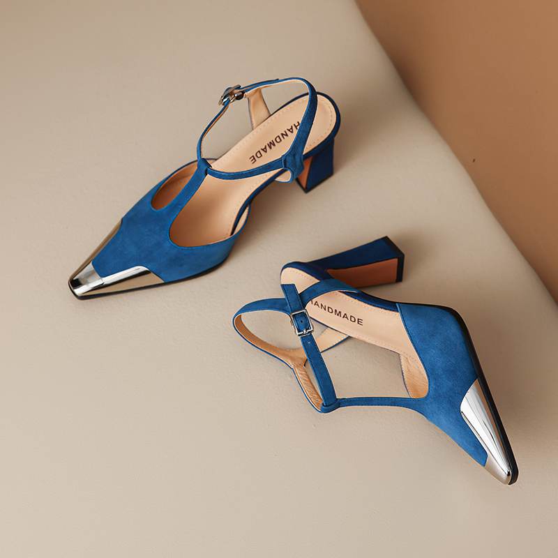 Krazing Pot Σουέτ Τετράγωνη Μύτη Μέγεθος 41 Ψηλά Τακούνια Αγκράφα Γραφείου Γυναίκα Μεταλλική Διακόσμηση Μπλε Χρώμα Φθινοπωρινά Pumps