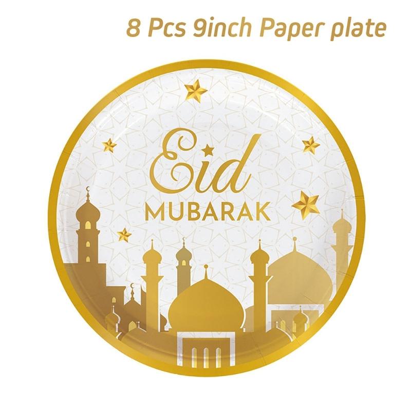 Elegant Disposable Dinnerware Set for 8 Guests Plates Cups and Napkins for Muslims Eid Festival Festive Celebration