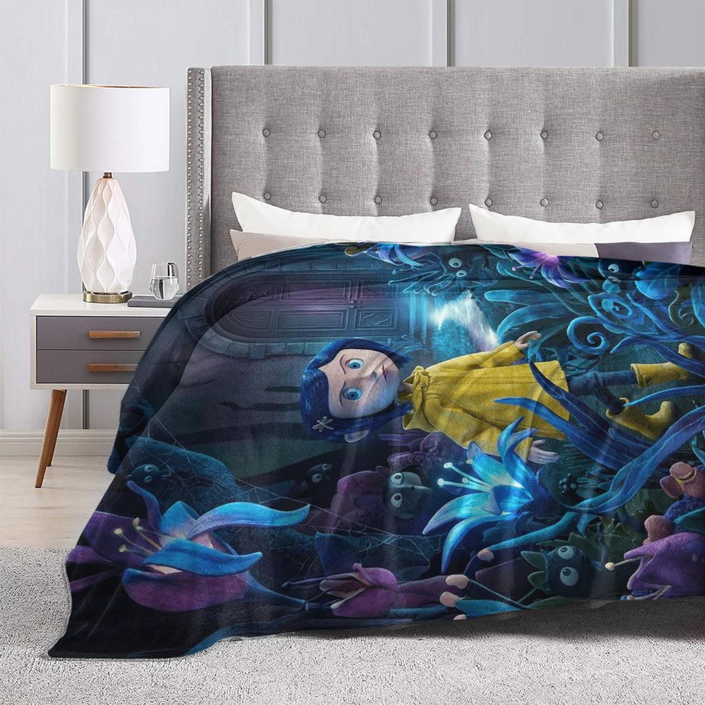 Warm Throw Blanket Plane Travel Horror Cartoon C-Coraline Blanket Flannel Bedspread For Sofa Home Novelty Sofa Bed Cover