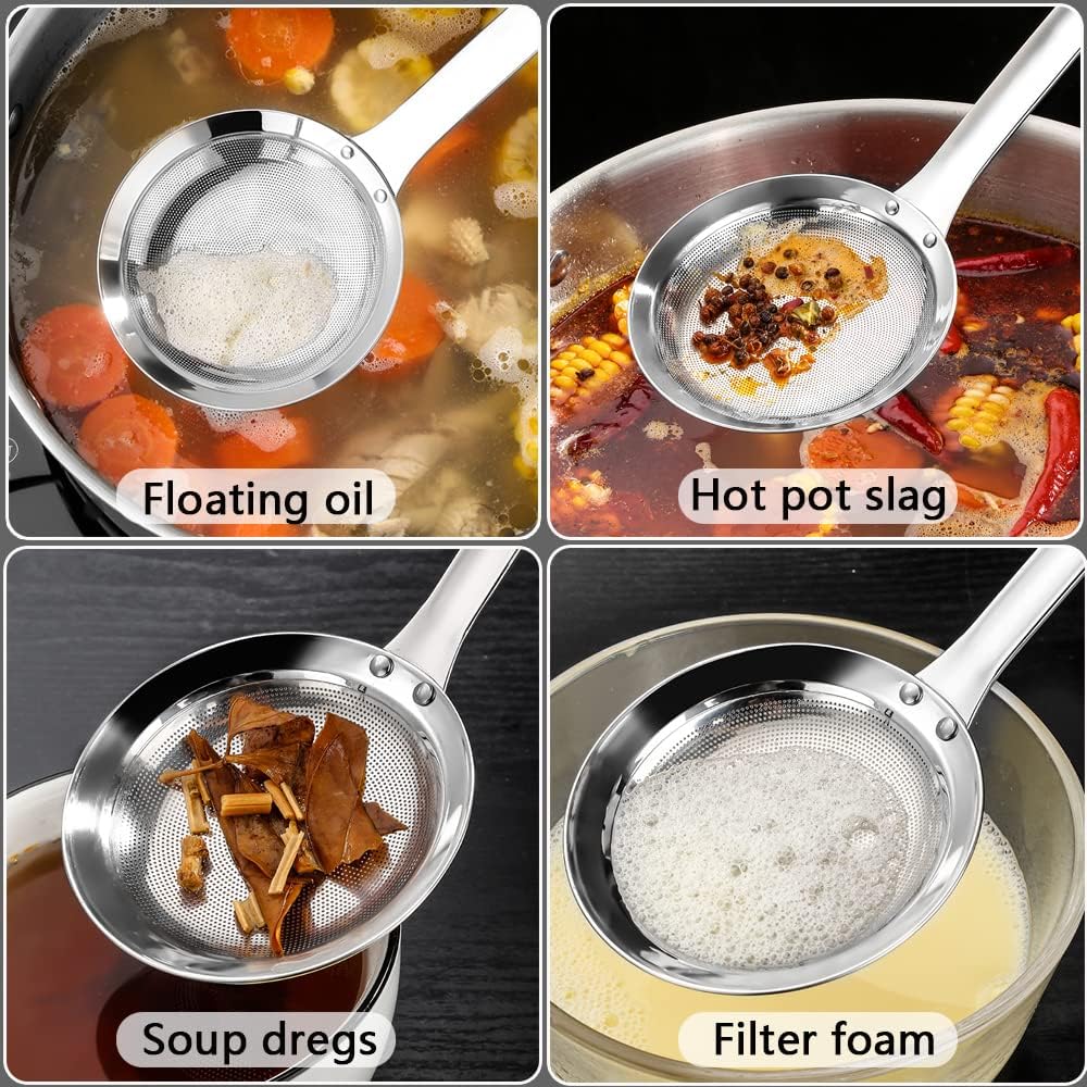 Sieve Fine Mesh Strainer Set Stainless Steel Metal Flat Cooking Skimmer Ladle Colander With Handle Food Strainer Kitchen Tools For Kitchen Baking Oil