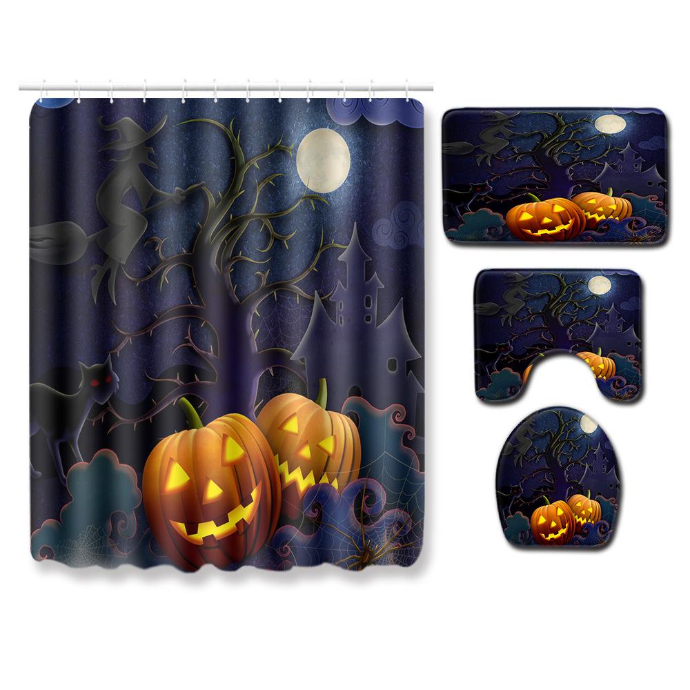 Halloween Duschvorhang Bodenmatte Kombination Vierteilige Haushalts-Fußmatte Schlafzimmer Rutschfester Teppich