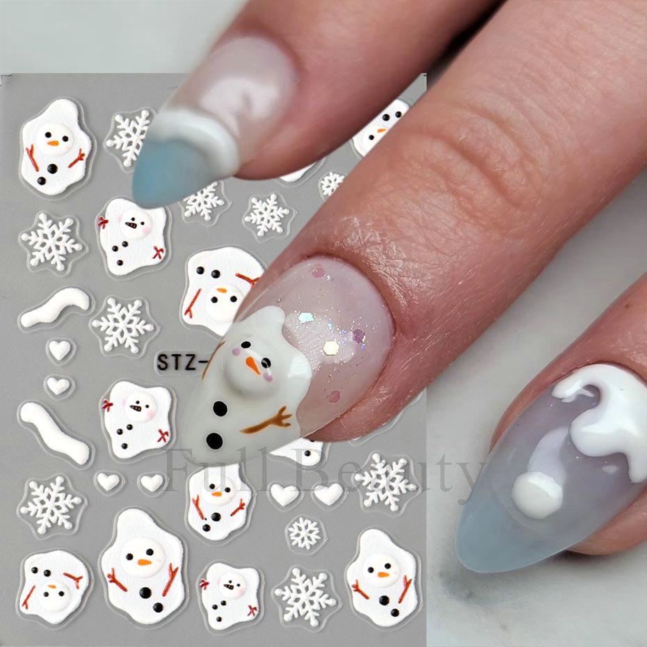 1pc Nail Art Stickers - Winter Christmas Snow Melting Snowman Snowflake Cartoon 5D Embossed Nail Stickers