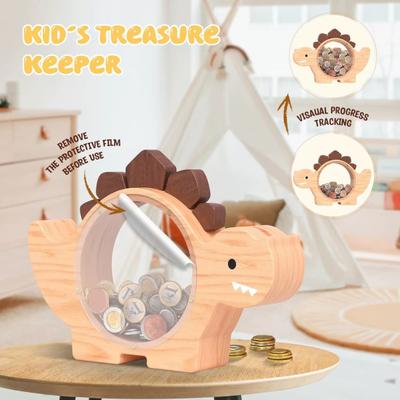 Wooden Piggy Bank for Boys Girls Dinosaur Shape Money Bank Transparent Window Coin Saving Box with Lock Kids Financial Education Toy