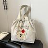 New trend drawstring tote bag lazy wind large capacity women's shoulder bag cartoon literary work commuter tote bag