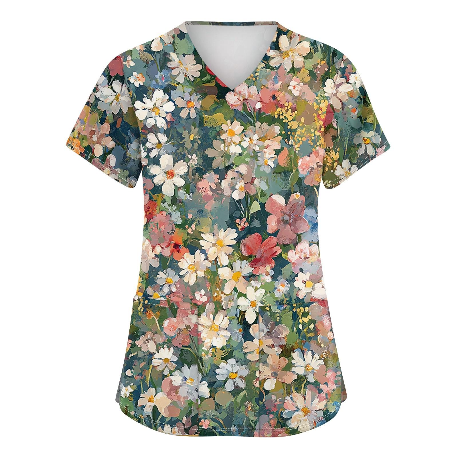 

Женская мода с v-образным вырезом, короткими рукавами и карманами, топы с принтом XXL зелёный