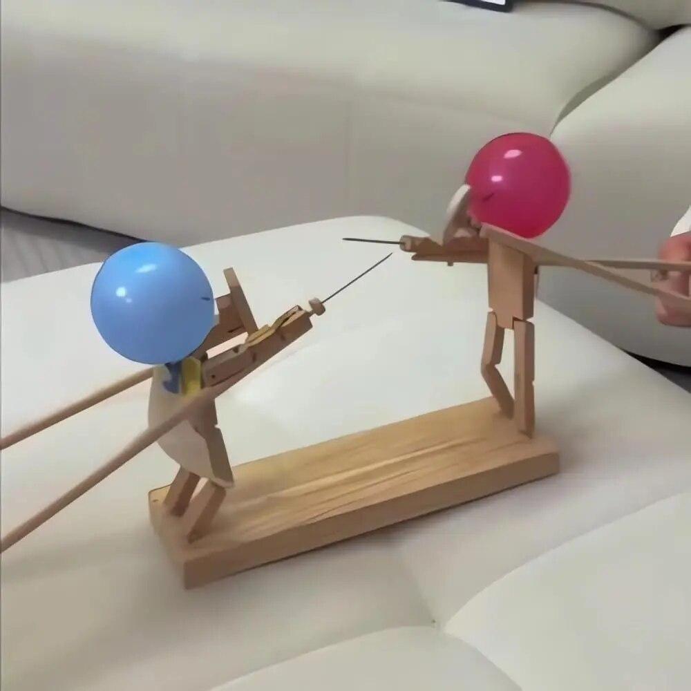 New Handmade Wooden Fencing Puppets - Balloon Bamboo Man Battle, Wooden Bots Battle Game for 2 Players, Whack a Balloon Party Games