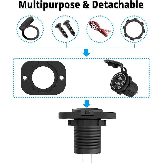 Dual USB Socket 12V Marine Outlet with Switch Golf Cart USB Port 12 Volt DC Car Charger Mount Waterproof Cigarette Lighter Power Adapter DIY Kit Fast