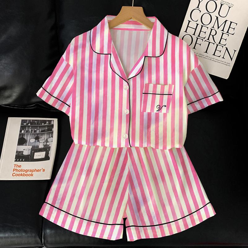 Ice Silk Pajamas Women'S Summer Pink Striped High-Value Cool Short-Sleeved Loungewear Fashion Suit