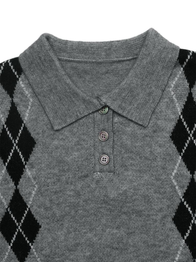 2026 Autumn/Winter Girlish Academy Style Knit Diamond Polo Collar Cardigan for Women