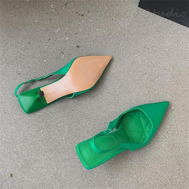 Spring Pointed Toe Stiletto Medium-heel Shoes Back Empty Toe Sandals High-heeled Shoes Green Women Shoes
