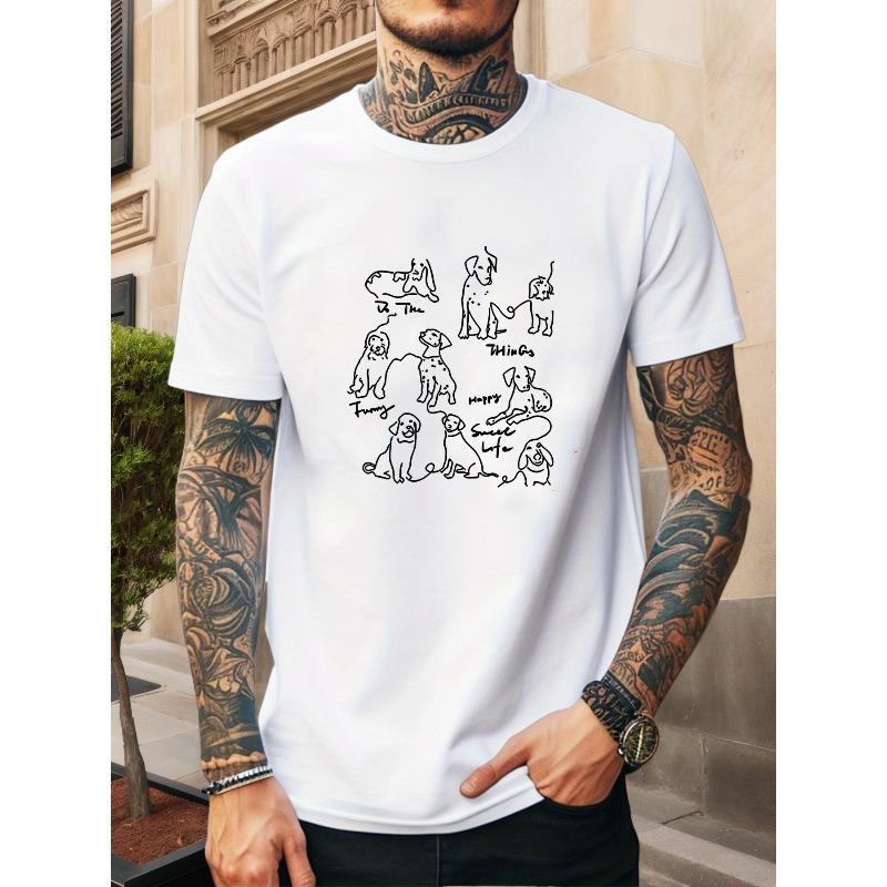 Men'S Summer Casual Short-Sleeve T-Shirt Featuring a Cute Dog Design Outlined with Lines
