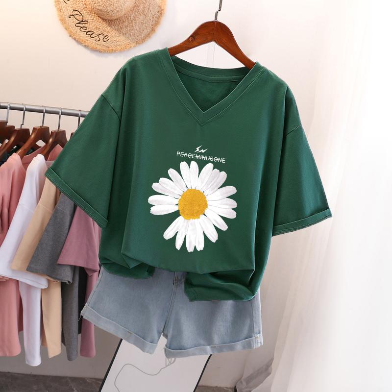 Short-sleeved T-shirt for Women, Large Size, Loose and Slimming, Printed V-neck Top