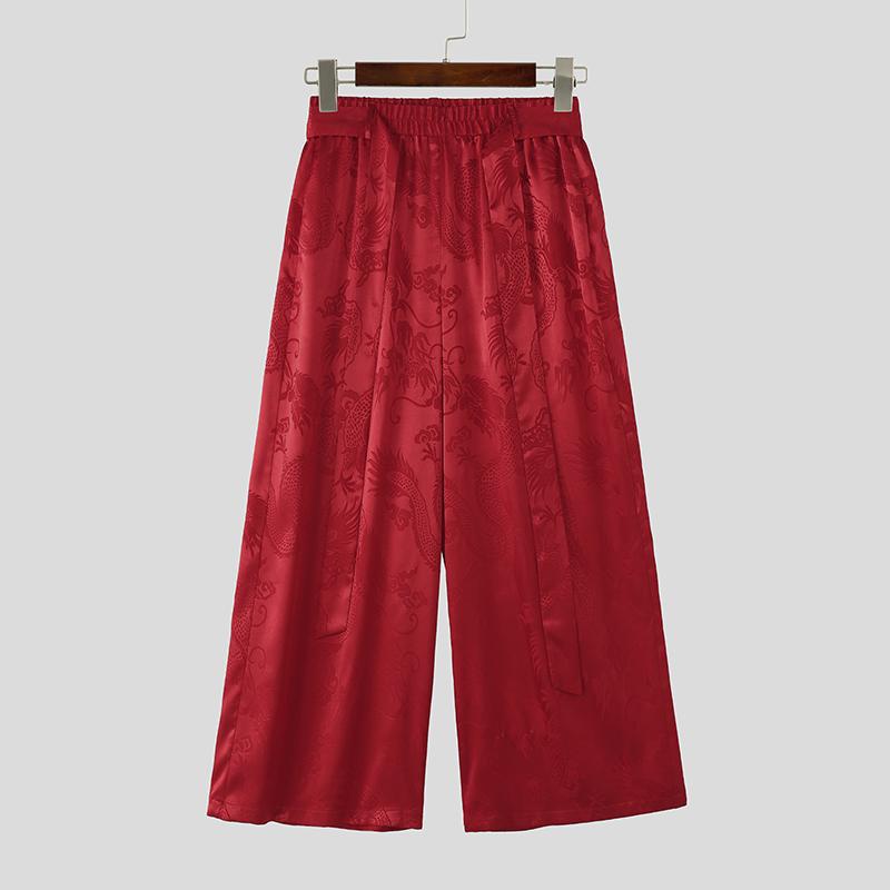 

INCERUN Vintage Men Elastic Waist Belt Traditional Style Casual Long Wide Legs Pants Trousers 5XL червоний