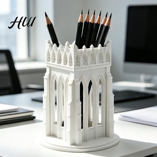 Makeup Brush Holder for Vanity Gothic Pen Holder, Cathedral Style 3D Printed Desk Organizer, Storage Cup Brushes, Pencils, Accessories Home
