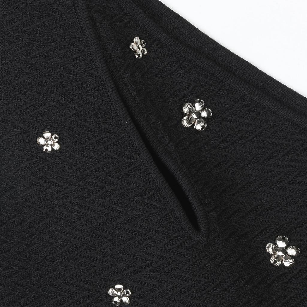 S Family Spring/Summer Sequin Buckle One-Shoulder Knitted Camisole & Black Midi Skirt Set for Women