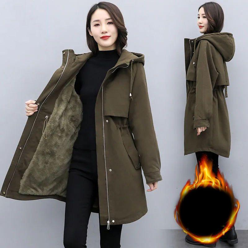 Dámská zimní parka Korejská plyšová zateplená dámská bunda Dámský teplý kabát s kapucí Středně dlouhý Ležérní svrchník