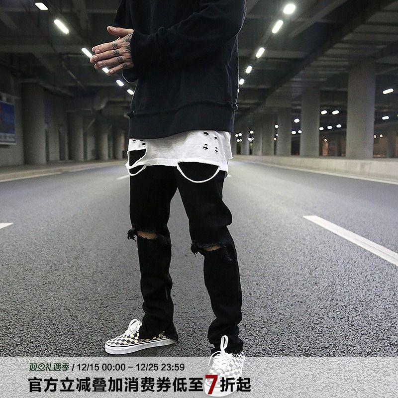 

High Street Style Black Versatile Ripped Zipper Jeans Fog Same Style Classic Trendy Men s Slim Fit Stretch Skinny Pants Black 2XL