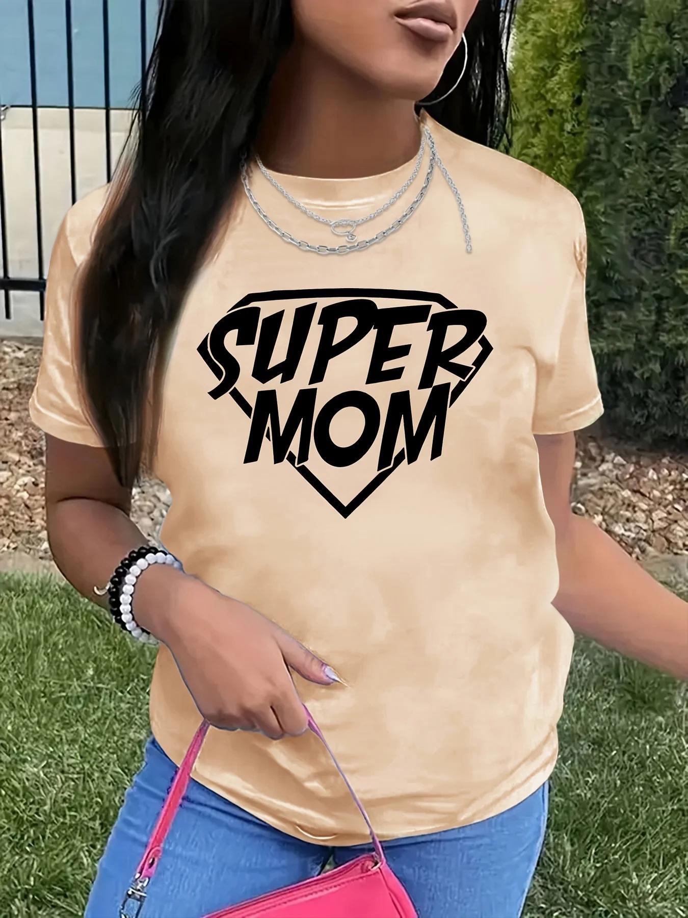 

SUPER MOM Письменный Принт Женская Футболка Короткий Рукав Круглый Вырез Повседневный Топ Для Лета и Весны Женская Одежда Женские Топы Футболки S