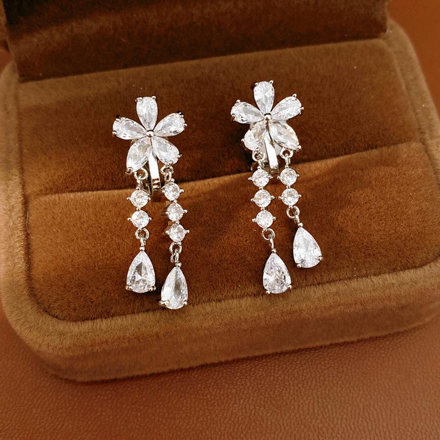 Elegant Flower Tassel Zircon Ear Clip - No Piercing Needed, Luxurious Feel Jewelry